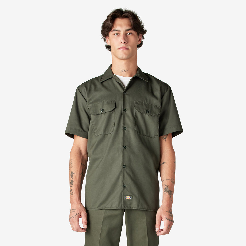 Dickies Men's 1574 Short Sleeve Work Shirt White Olive Green