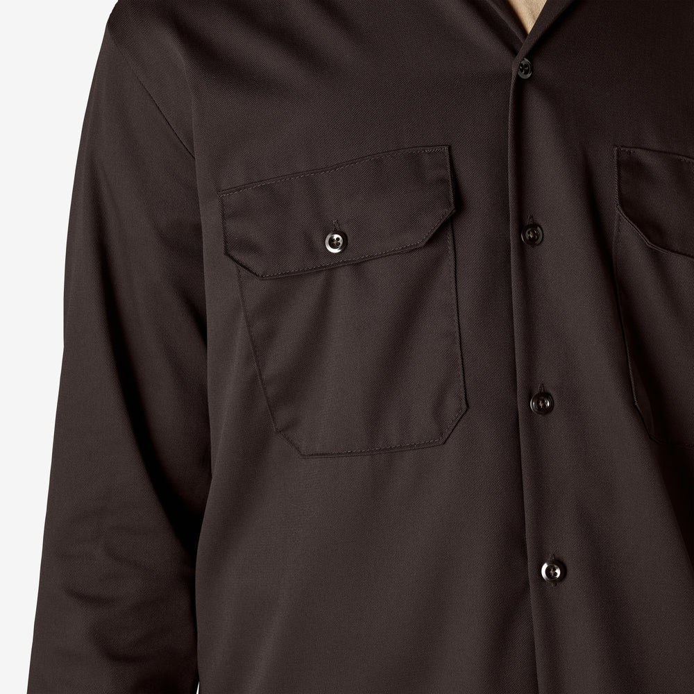 Close-up of a dark brown button-up shirt with a pocket on a white background
