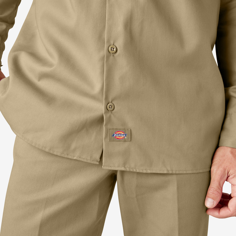 Khaki work shirt with Dickies logo on a white background