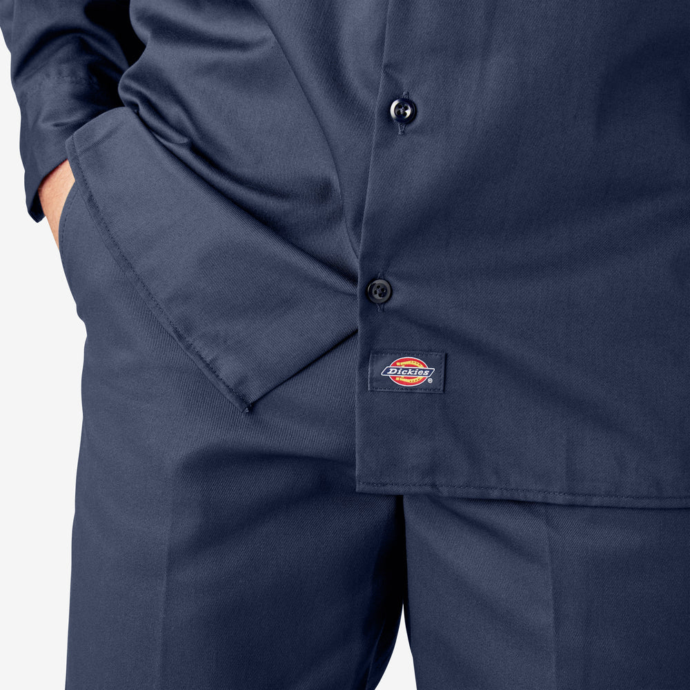 Navy blue work shirt with Dickies logo on a white background