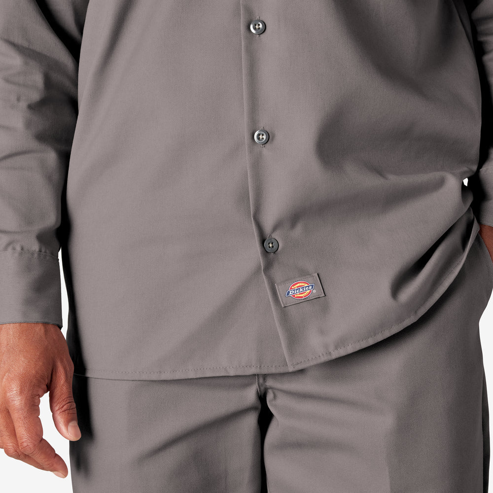 Gray button-up shirt with Dickies logo on a white background