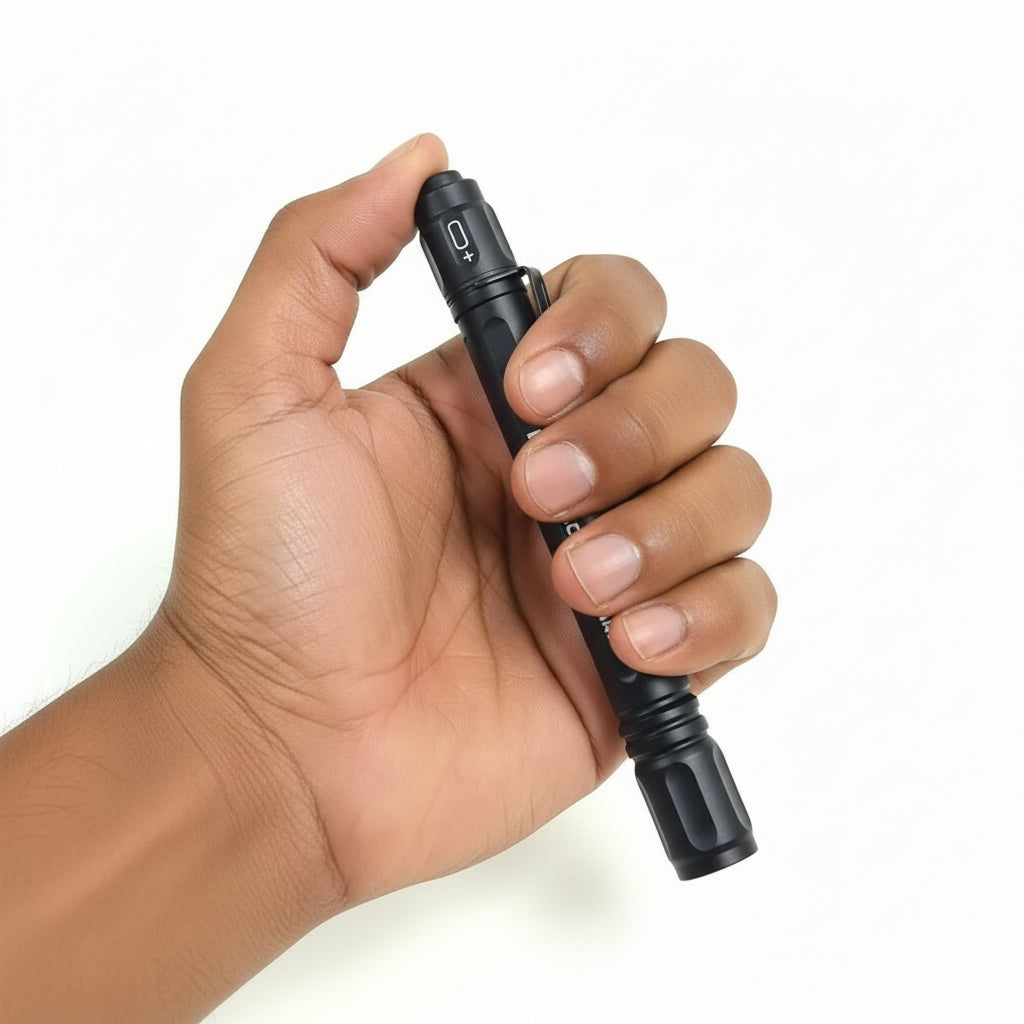 Hand holding a black flashlight with visible branding on a white background