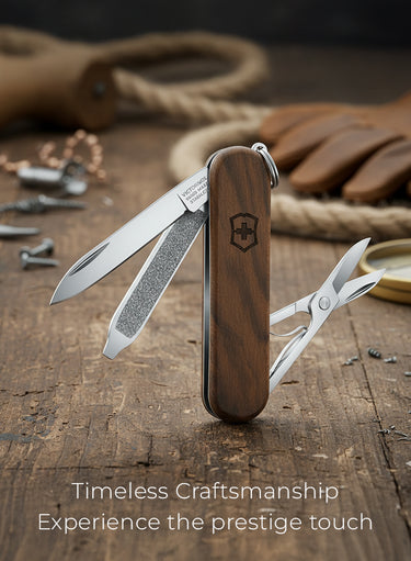 Multitool with wooden handle on a rustic wooden surface with text 'Timeless Craftsmanship Experience the prestige touch'.